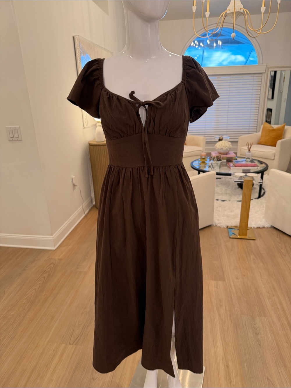 Women's Brown Square-Neck Midi Dress with Puff Sleeves